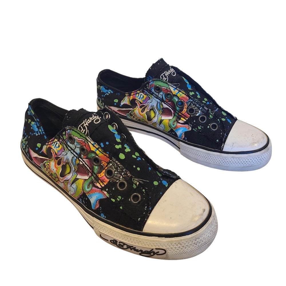 Ed Hardy Slip On Sneakers Skull Tattoo Print Black Canvas Women's Size 5‎